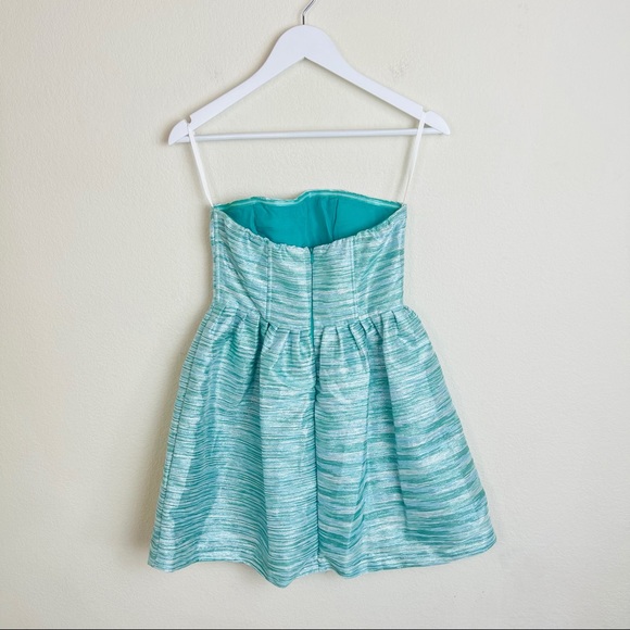 NWT Minuet Blue Teal Sparkle Tinsel Fit & Flare Strapless Mini Dress - Picture 3 of 16